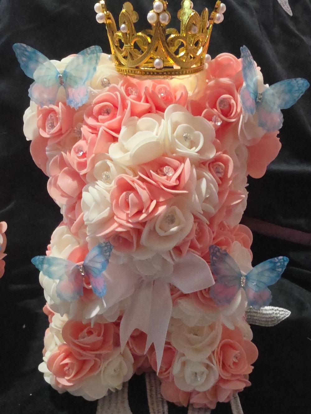 Pink and White Rose Teddy Bear with Gold Crown